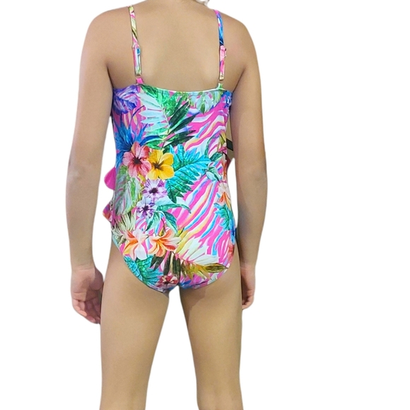 Coral Tropics Floral Print One Piece Bathing Suit Pink with Sheer parts … - Picture 2 of 7